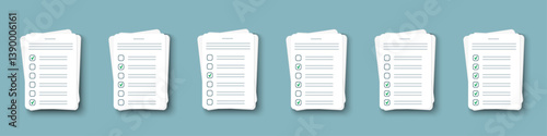 Exam test on a sheet of paper. Answers to questions choosing the correct option.
Put a mark on the page with the list. Vector illustration.