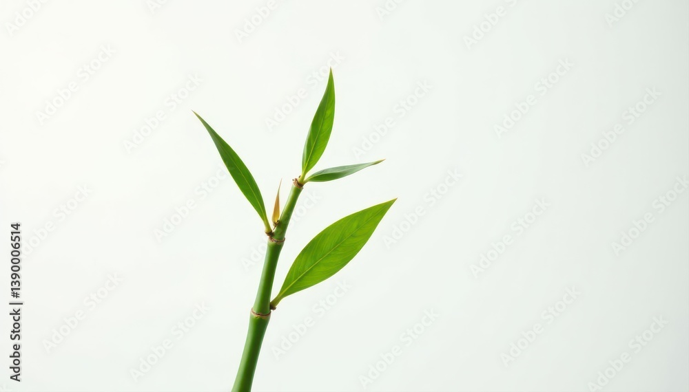 Fototapeta premium Single bamboo stalk, delicate leaves, crisp white backdrop , stem, isolated