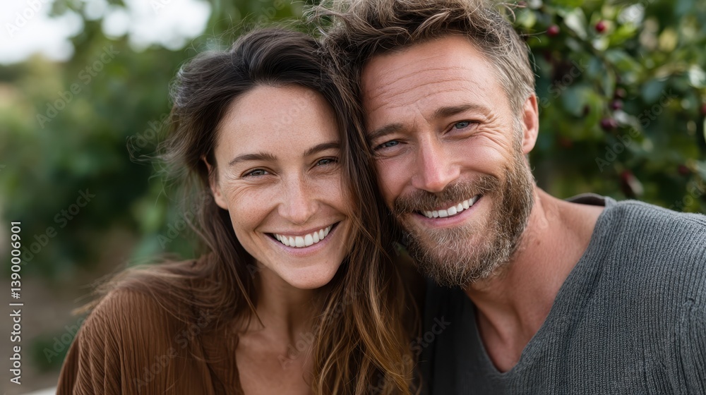 This photo captures a couple smiling together in a secure and cozy moment, showcasing their bond and happiness in a vibrant outdoor setting surrounded by nature's beauty. This photo captures a couple smiling together in a secure and cozy moment, showcasing their bond and happiness in a vibrant outdoor setting surrounded by nature's beauty.