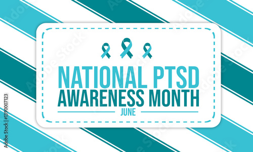 diagonal stripe pattern design for national ptsd awareness month in june with bold green and blue color combination and ribbon icon in center.