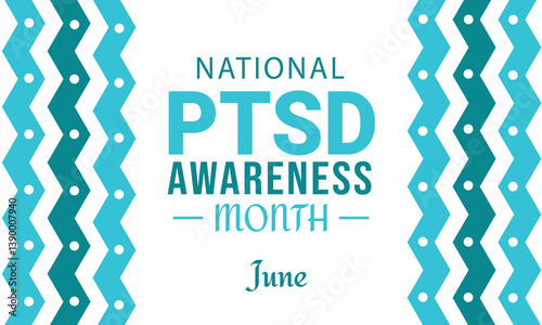 zigzag patterned national ptsd awareness month design with teal colors, centered bold typography and modern visual layout for mental health support.