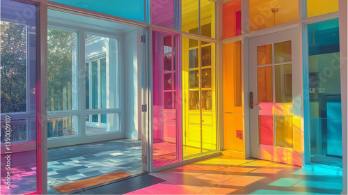 Experience vibrant design with vivid front door glass showcasing dynamic interplay of colorful architectural accents