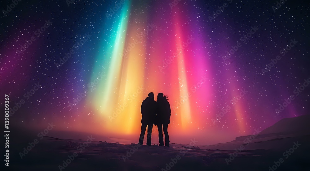Fototapeta premium Silhouette of couple watching vibrant northern lights display with pink, turquoise and yellow aurora borealis dancing across starry night sky in magical scene.