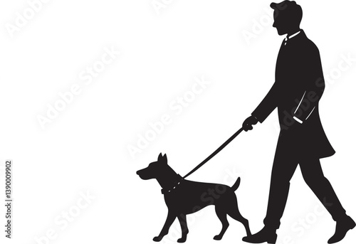 A series of black silhouette illustrations showing a man walking with a dog on a leash.
