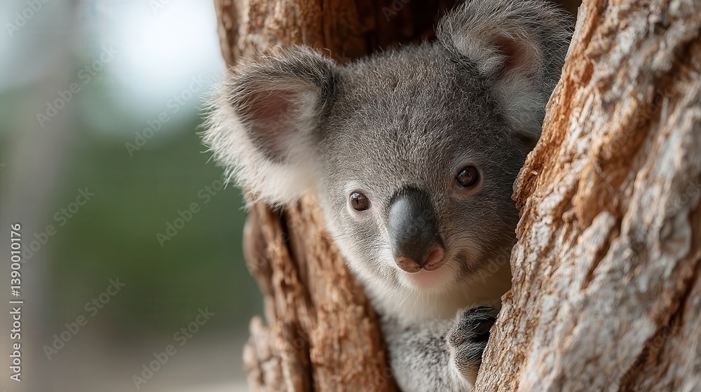 This endearing image captures an innocent koala gazing from its resting place on a tree trunk, highlighting its fluffy ears and soft expression amidst its natural habitat. This endearing image captures an innocent koala gazing from its resting place on a tree trunk, highlighting its fluffy ears and soft expression amidst its natural habitat.