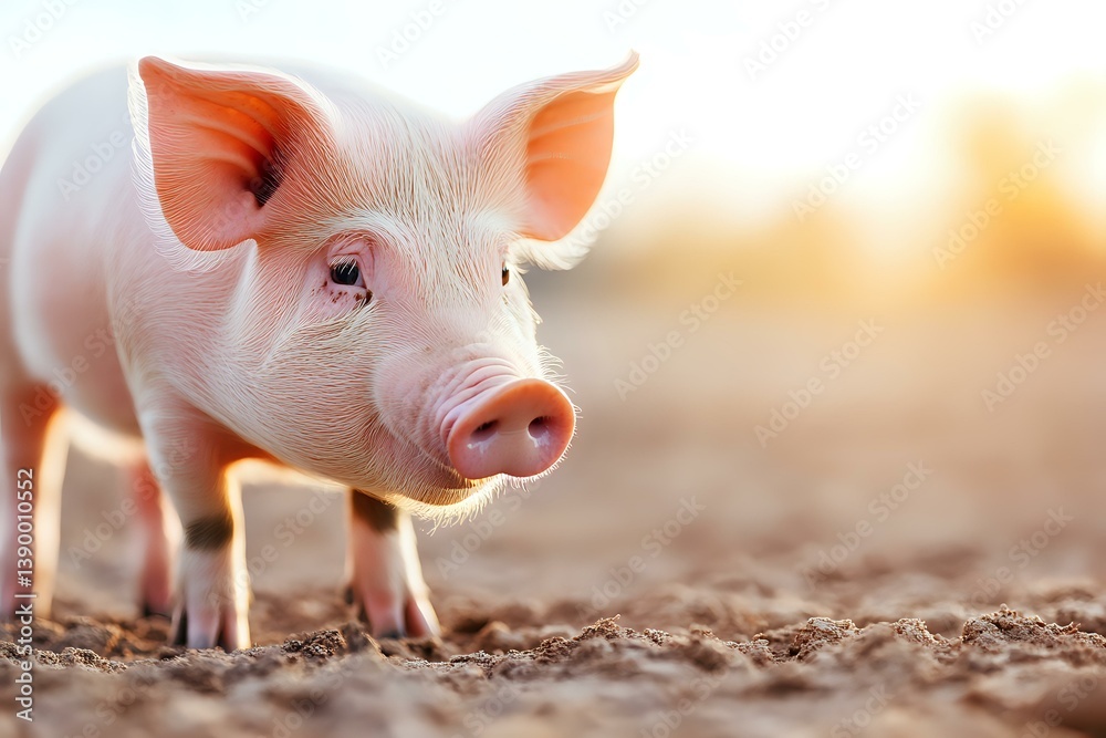 Young pink piglet standing on soil ground during sunset, close-up portrait with soft natural lighting and shallow depth of field creating warm atmospheric farm scene. Young pink piglet standing on soil ground during sunset, close-up portrait with soft natural lighting and shallow depth of field creating warm atmospheric farm scene.