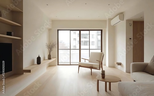 A minimalist living room with white walls, light wood flooring, and a single chair in the center of it