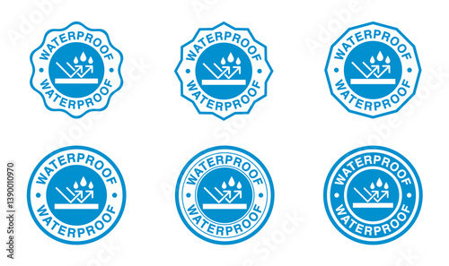Set waterproof badge vector for product. Collection of water resistant stamps. Water protection, liquid proof protection. circular with water drop. Anti wetting material, surface protection.