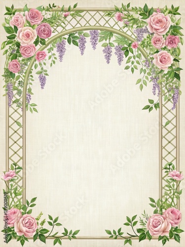 Elegant floral archway border design on cream linen background