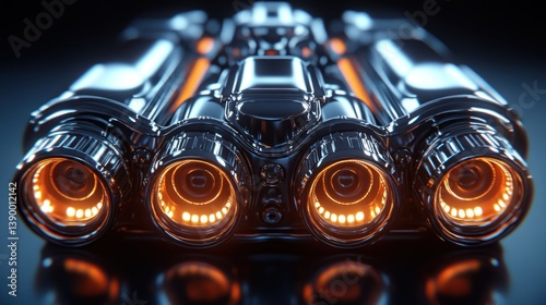Futuristic engine, close-up view of  chromed metallic propulsion system with glowing orange details