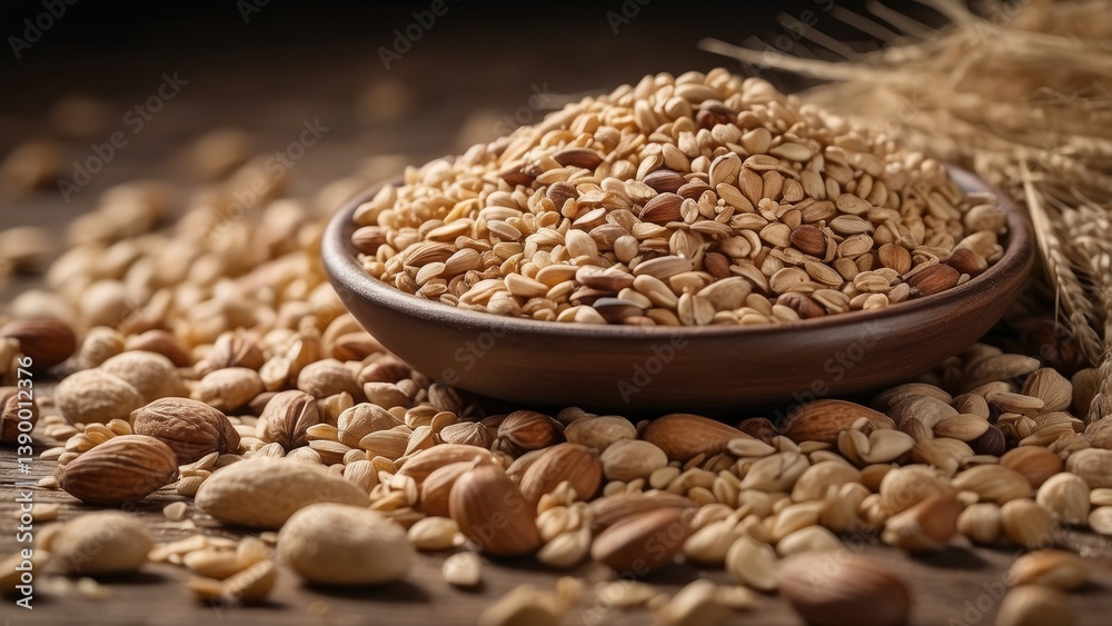 Various raw grains and seeds arranged in a rustic setting. Various raw grains and seeds arranged in a rustic setting.