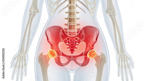 The image depicts a skeletal illustration highlighting the pelvic area, emphasizing anatomical details and potential health concerns.