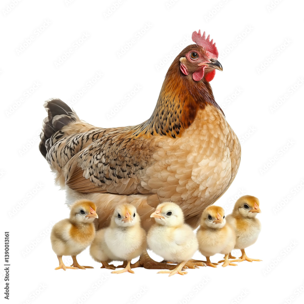 Fototapeta premium The mother hen is surrounded by her baby chicks, on Png Format and Transparent Background
