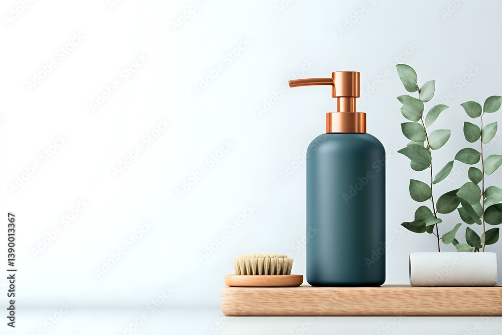Minimalist bathroom set with matte green soap dispenser, wooden brush on bamboo tray and eucalyptus plant against white wall, modern spa concept. Minimalist bathroom set with matte green soap dispenser, wooden brush on bamboo tray and eucalyptus plant against white wall, modern spa concept.