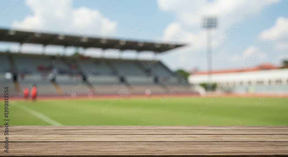 Fototapeta premium Wooden Tabletop Over a Blurred Stadium Background: Sports Event, Game Day, Field View