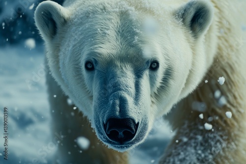 Close Up Photographic Image of a Wild Polar Bear Walking Through Powdered Snow in the Arctic Habitat