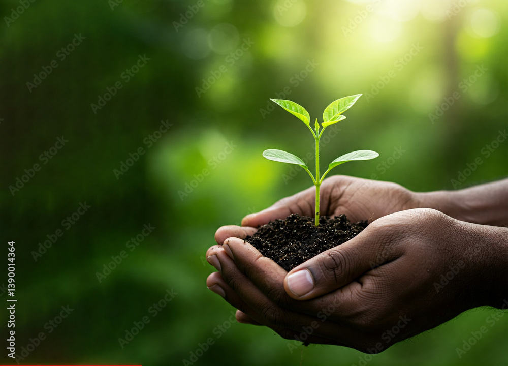 Close up pair of hands gently holding small, vibrant green seedling with soil, blurred background of green foliage. Growth, nature and sustainability. Care for future a symbol of growth and new life. Close up pair of hands gently holding small, vibrant green seedling with soil, blurred background of green foliage. Growth, nature and sustainability. Care for future a symbol of growth and new life.