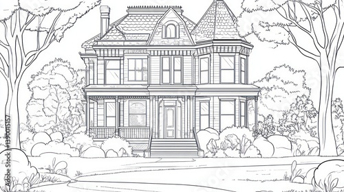 Black and White Drawing of Victorian Home in Garden photo
