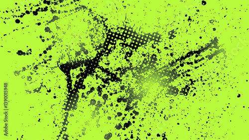 Green grunge background smudged with black splashes and halftone dots.