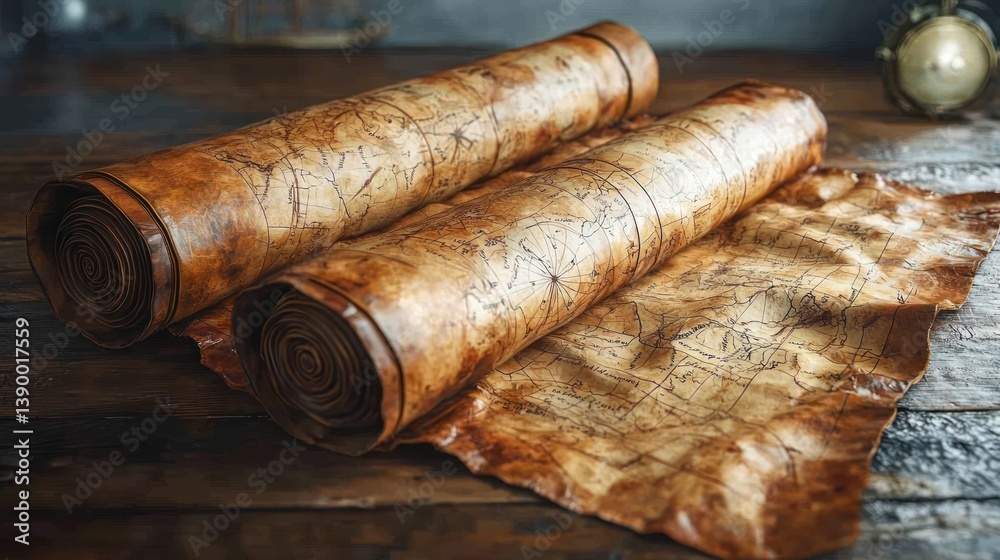 Aged, rolled maps on rustic table Aged, rolled maps on rustic table