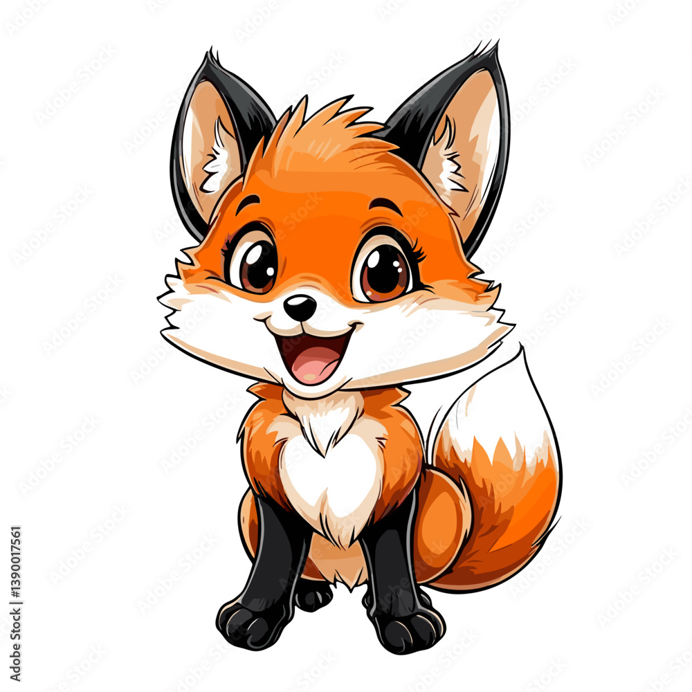 Fototapeta premium Cute cartoon fox character with vibrant orange fur and cheerful expression in a playful pose