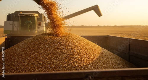 Golden harvest: A combine harvester unloading freshly harvested grain into a trailer