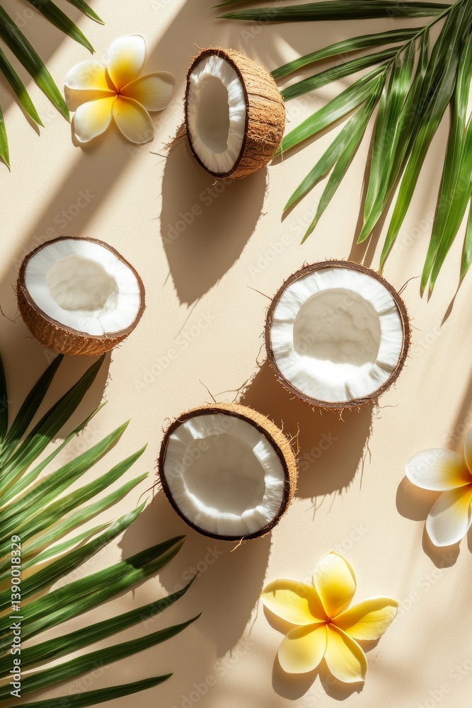 Fototapeta premium Vibrant Flat Lay Display of Tropical Coconuts, Halves, and Plumeria Flowers on Beige Background
