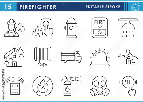A set of line icons related to Firefighter. Fire, man, extinguisher, firetruck, hose, communicate, alarm, and so on. Vector editable stroke.