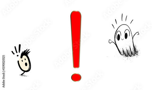 concept with exclamation mark icon. Vector. Cute pixel cartoon character notification alert surprise idea exclamation