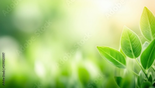 vibrant green leaves in soft sunlight for nature-themed branding, serene background with bokeh effect
