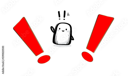 concept with exclamation mark icon. Vector. Cute pixel cartoon character notification alert surprise idea exclamation