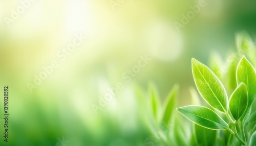 vibrant green leaves in soft sunlight for nature-themed branding, serene background with bokeh effect