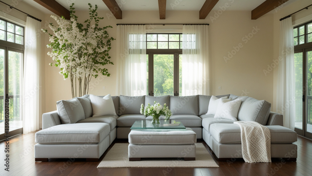 Fototapeta premium An open, airy living room with light gray furniture, a large plant, and lots of natural light