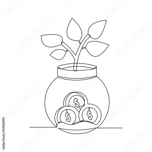 Continuous single line of money coin dollar green leaf plant seeds with pot vase. Economy business growth investment sketch drawing editable stroke vector illustration
