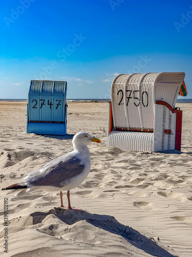 European herring gull (Larus argentatus) sitting in front of two beach chairs on the beach on the East Frisian Island Juist, Germany.