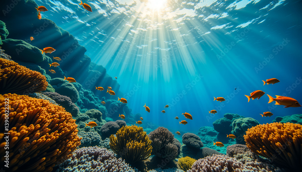 A beautiful underwater scene with a large group of fish swimming in the sunlit water. The fish are orange and the coral is colorful