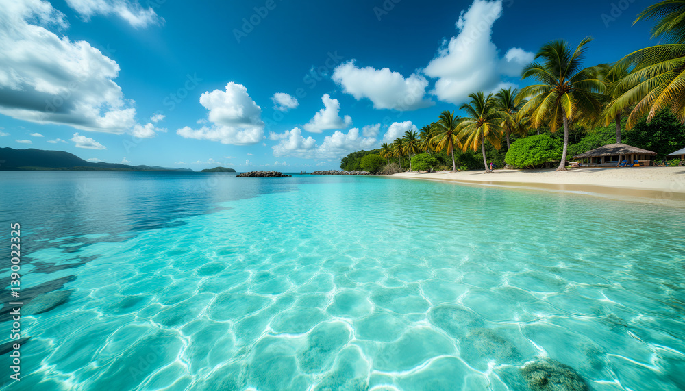 Fototapeta premium A beautiful beach with palm trees and a clear blue ocean. The sky is partly cloudy, but the overall mood is serene and peaceful