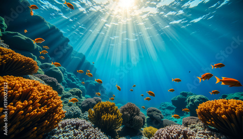 Obraz na płótnie A beautiful underwater scene with a large group of fish swimming in the sunlit water. The fish are orange and the coral is colorful w salonie
