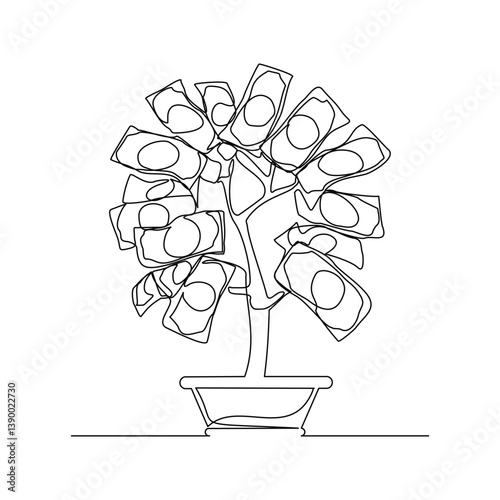 Continuous single line of money coin dollar green leaf plant seeds with pot vase. Economy business growth investment sketch drawing editable stroke vector illustration