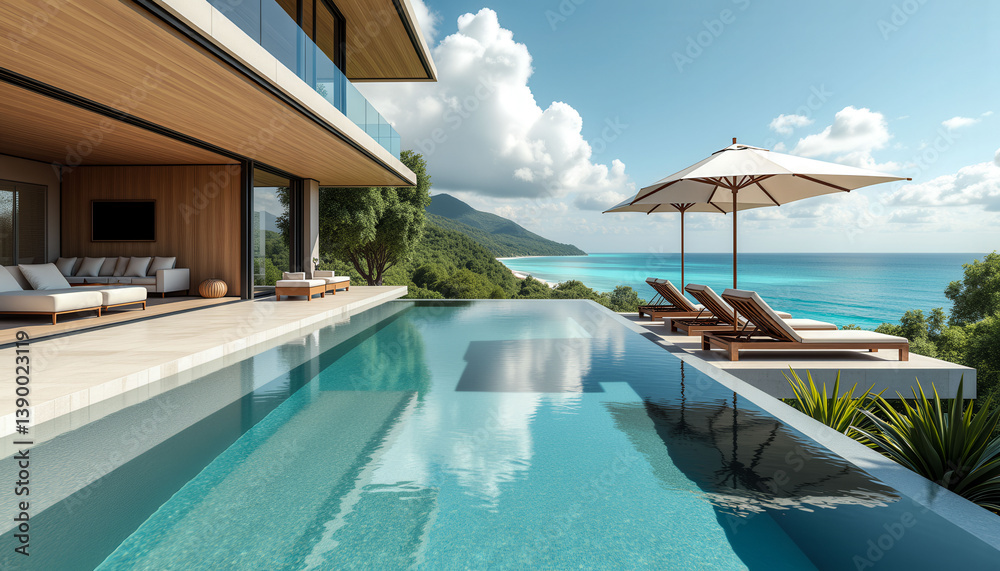 Fototapeta premium A large open living room with a pool and a view of the ocean. The room is filled with white furniture and a large couch