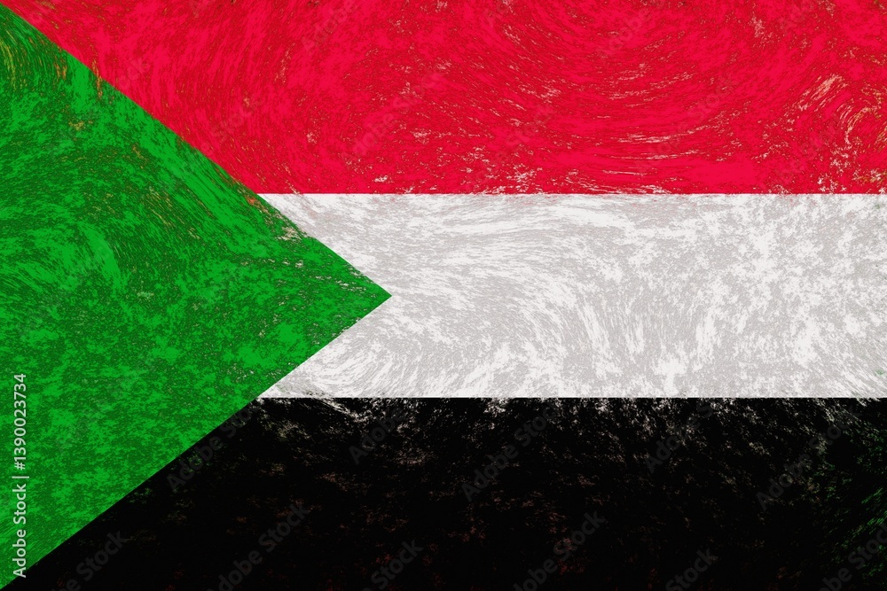 Flag of Sudan depicted on a rough material like concrete or weathered plaster wall