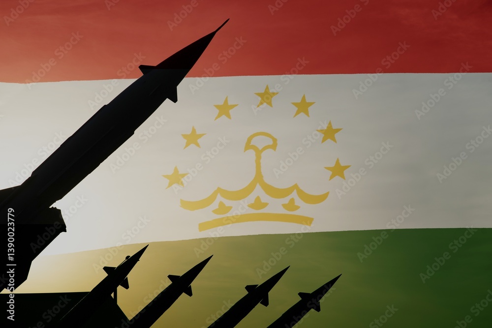 Missiles on a background of flag of Tajikistan. Copy space on the right side