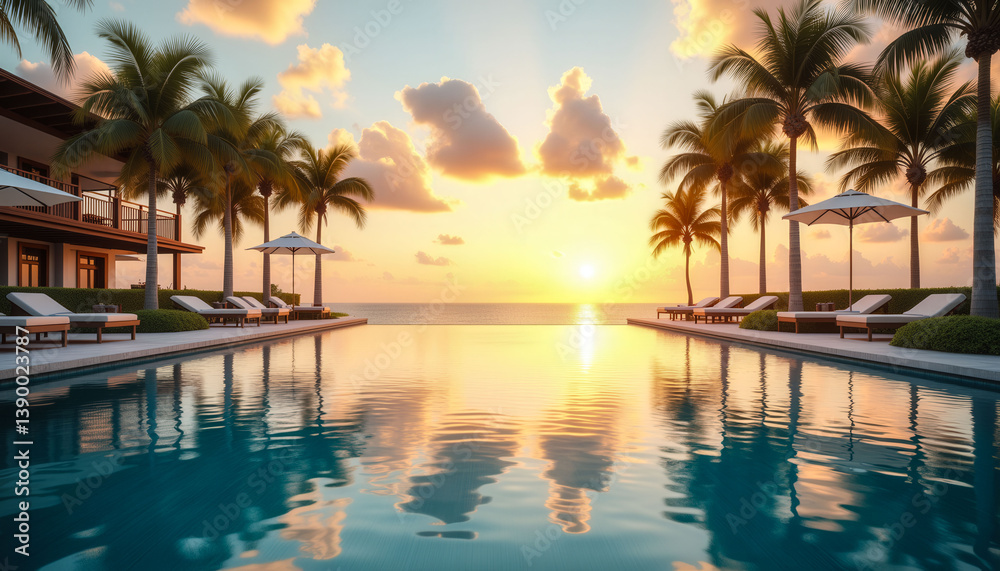 Obraz premium A pool with palm trees and umbrellas in the background. The pool is surrounded by a white fence