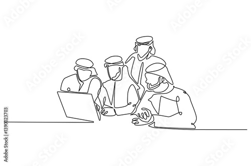 Continuous one line drawing of arabic business meeting. Single line drawing illustration of Office workers meeting in office. Business plan concept vector art. Doodle line illustration.