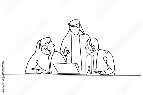 Continuous one line drawing of arabic business meeting. Single line drawing illustration of Office workers meeting in office. Business plan concept vector art. Doodle line illustration.