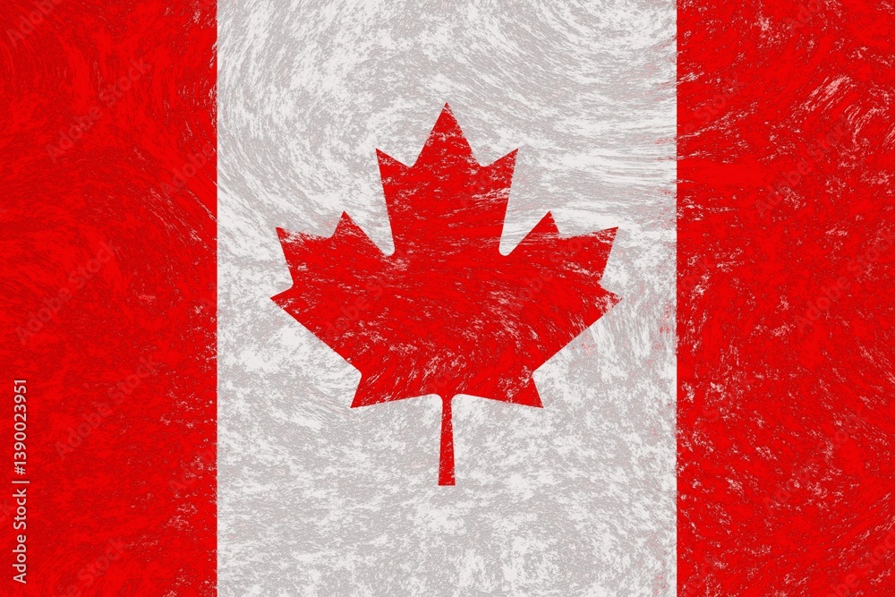 Flag of Canada depicted on a rough material like concrete or weathered plaster wall