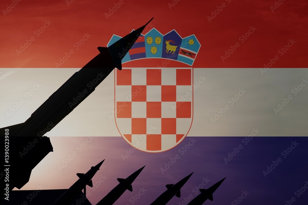 Rockets on a background of flag of Croatia. Copy space on the right side