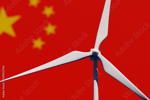 Wind turbine on a background of blurred flag of China. Wind power concept, selective focus