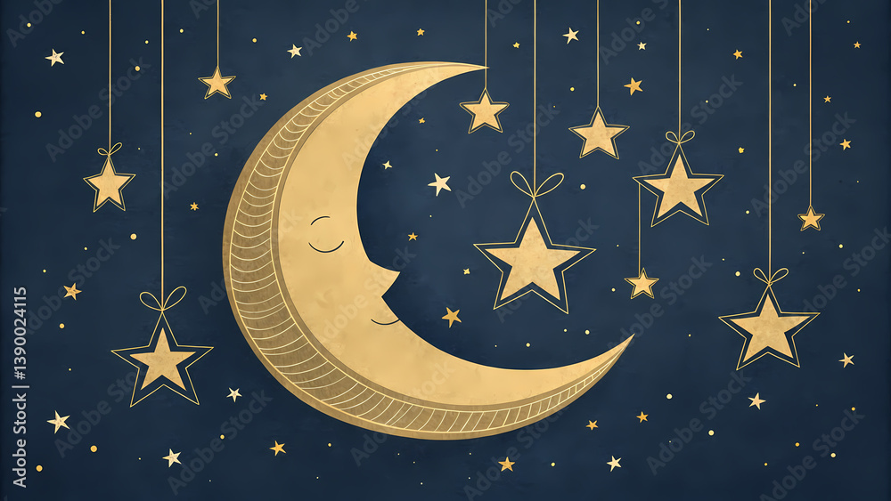Naklejka premium Moon and stars decorative design creates a serene night atmosphere
