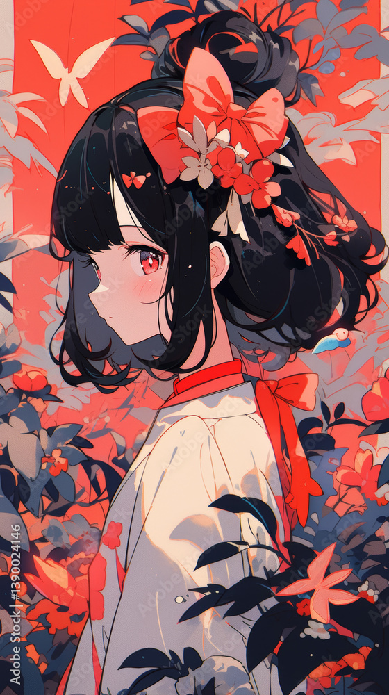 Fototapeta premium Anime Girl in a Red Flower Garden
